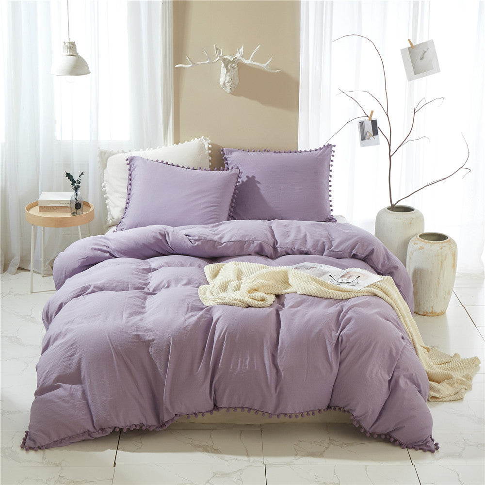 Solid Color Washed Ball Tassel Duvet Cover Set - 3 Pieces - Calm Cloud Bedding